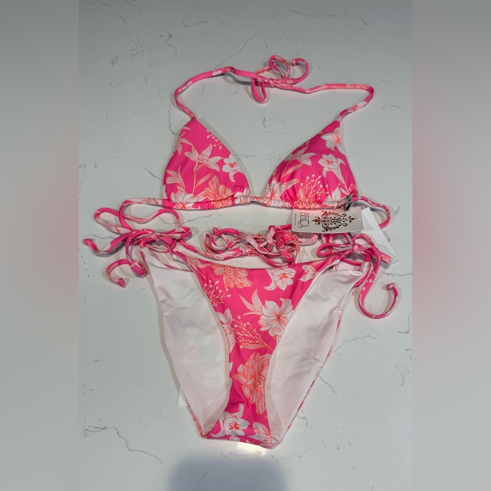 NWT BECCA Pink and White Floral Bikini Set - Side Tie Bottoms, Triangle Top Sz S